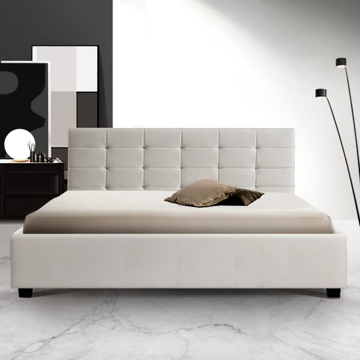 Artiss Lisa Bed Frame PU Leather Gas Lift Storage - White Queen