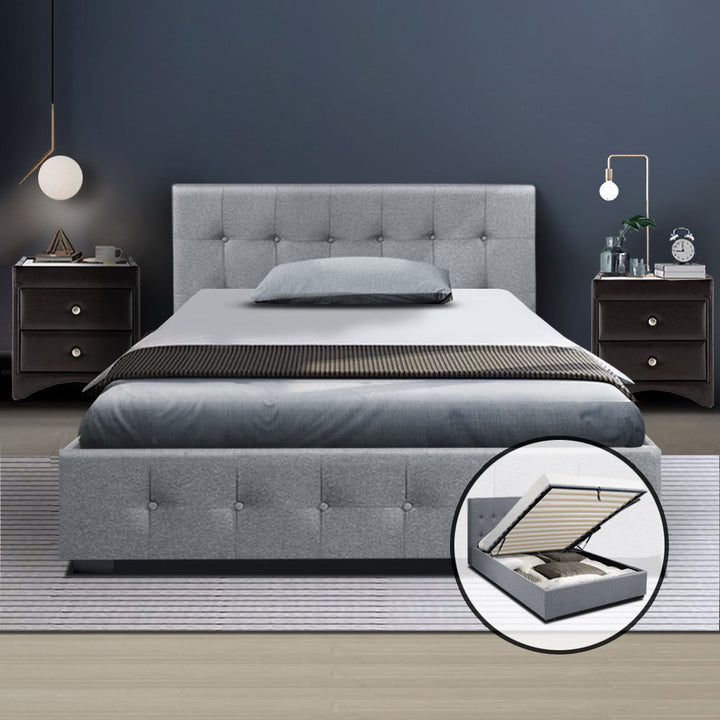 Artiss Roca Bed Frame Fabric Gas Lift Storage - Grey King Single