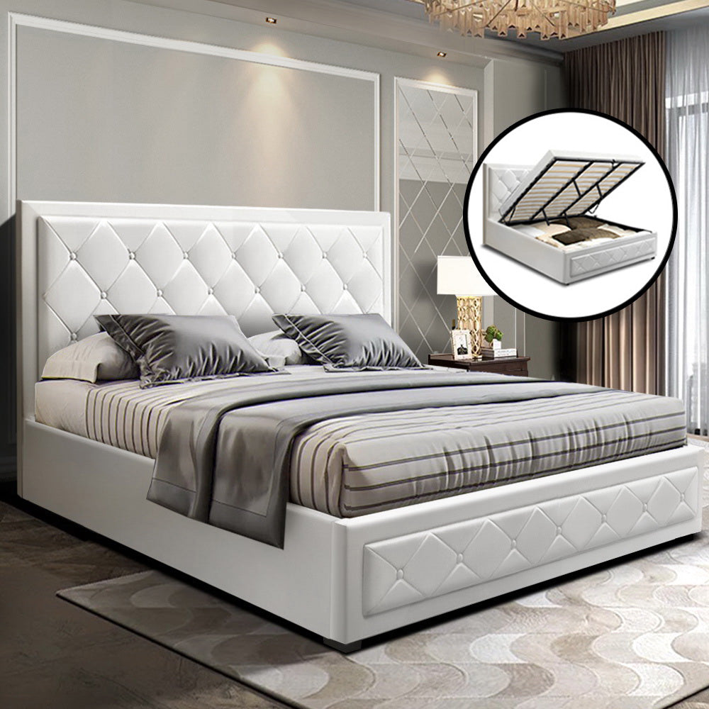 Artiss Tiyo Bed Frame PU Leather Gas Lift Storage - White King