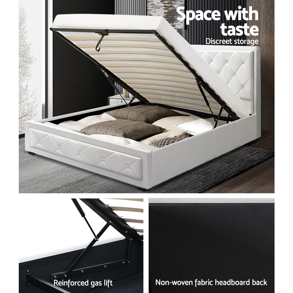 Artiss Tiyo Bed Frame PU Leather Gas Lift Storage - White King Single