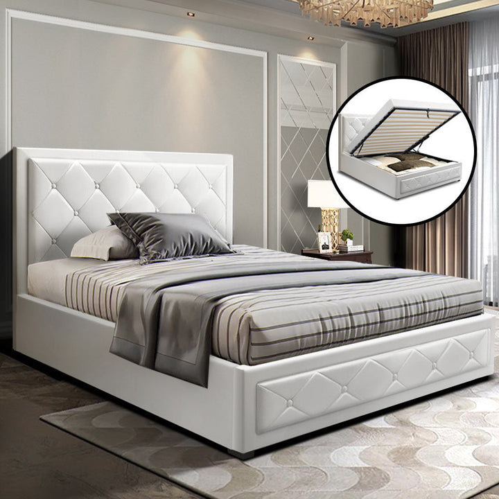 Artiss Tiyo Bed Frame PU Leather Gas Lift Storage - White King Single