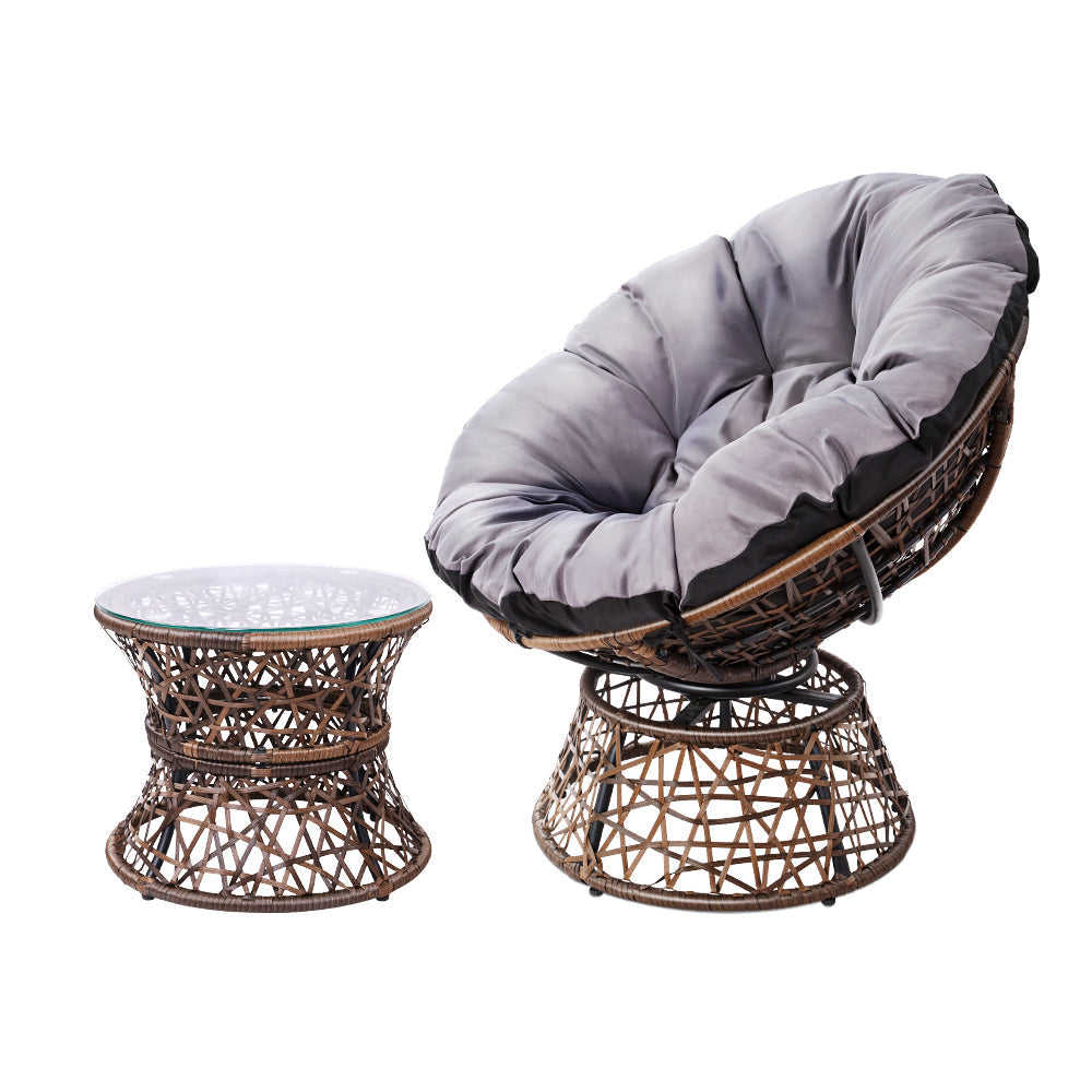 Gardeon Outdoor Lounge Setting Papasan Chair Wicker Table Garden Furniture Brown