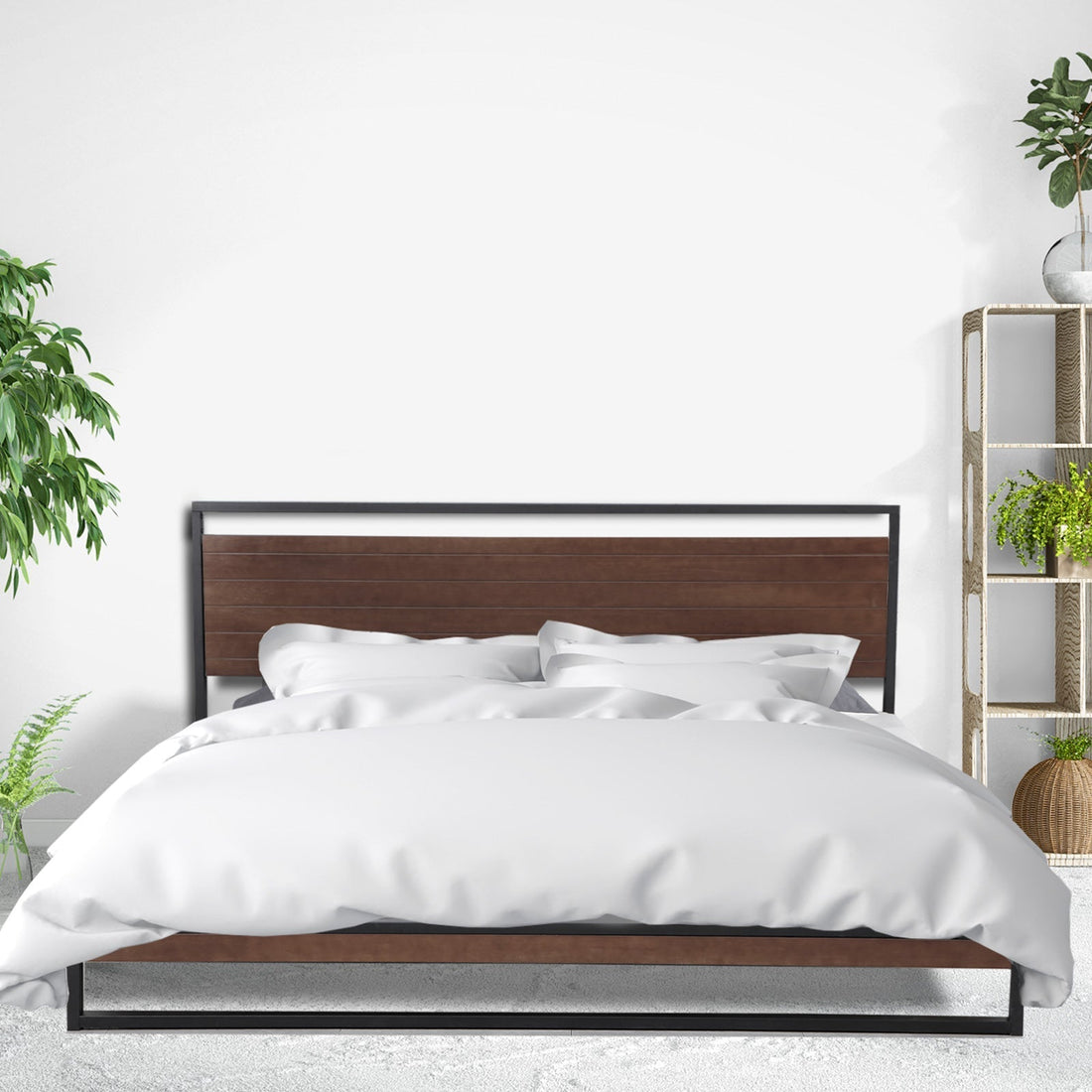 Single Size Decor Azure Bed Frame With Headboard Black Wood Steel Platform Bed - Black