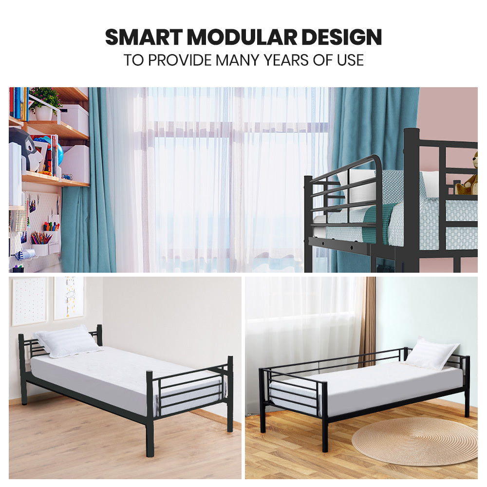 Single Size Slumber 2in1 Metal Bunk Bed Frame, with Modular Design, Dark Matte Grey