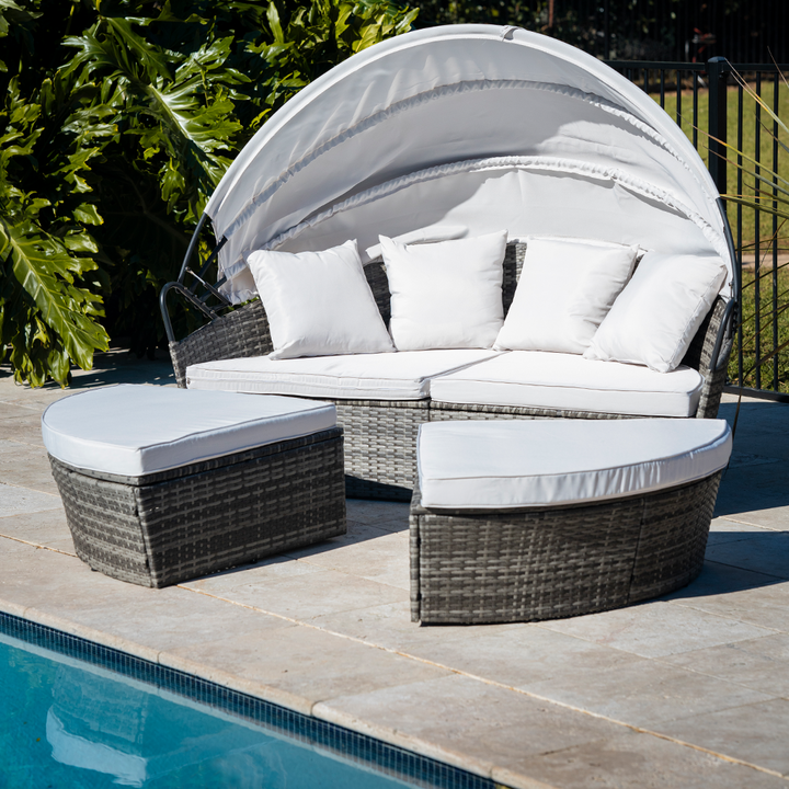 3PC Outdoor Daybed Patio Rattan Sofa Sun Lounge Furniture Grey Wicker Off White Canopy