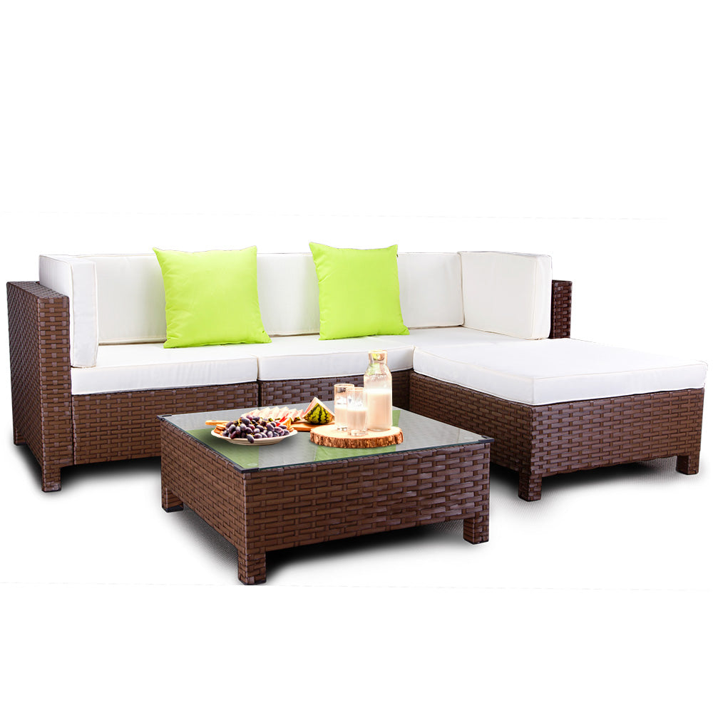5pc Outdoor Furniture Setting Lounge Wicker Sofa Set Patio Brown