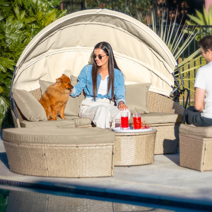 4pc Day Bed Round Lounge Outdoor Furniture, Beige Wicker and Canopy