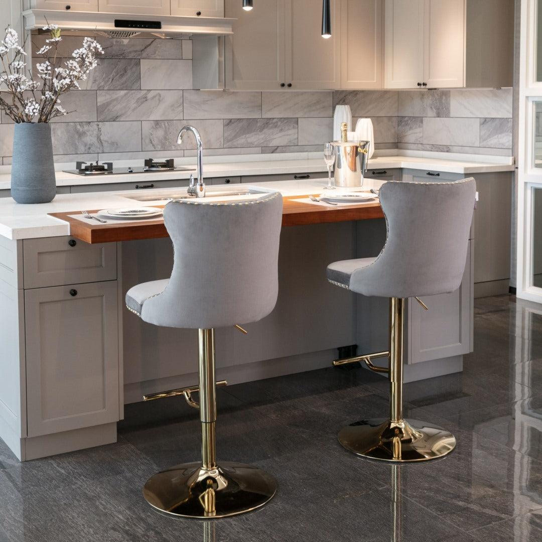 2x Height Adjustable Velvet Swivel Bar Stools