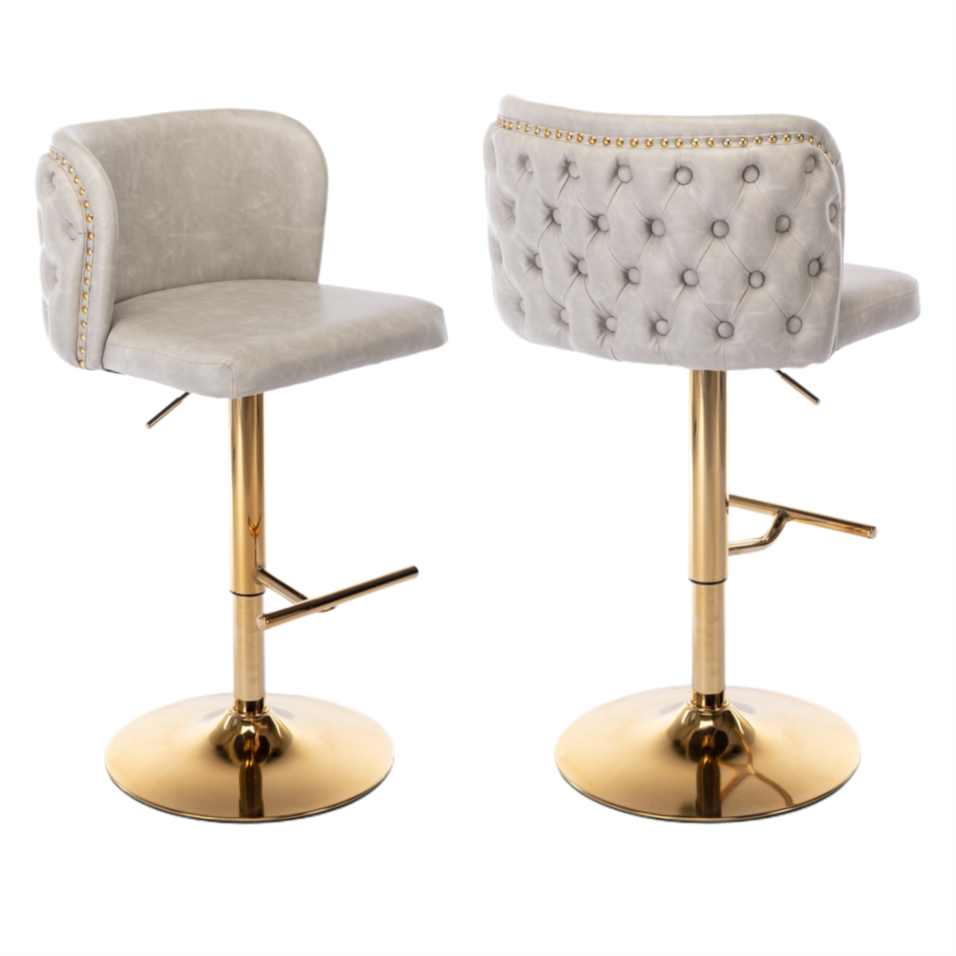 2x  Vintage Leather Golden Base Swivel Bar Stools- Beige