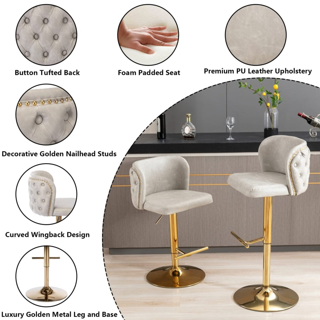 2x  Vintage Leather Golden Base Swivel Bar Stools- Beige
