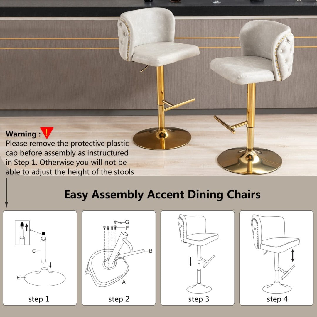 2x  Vintage Leather Golden Base Swivel Bar Stools- Beige