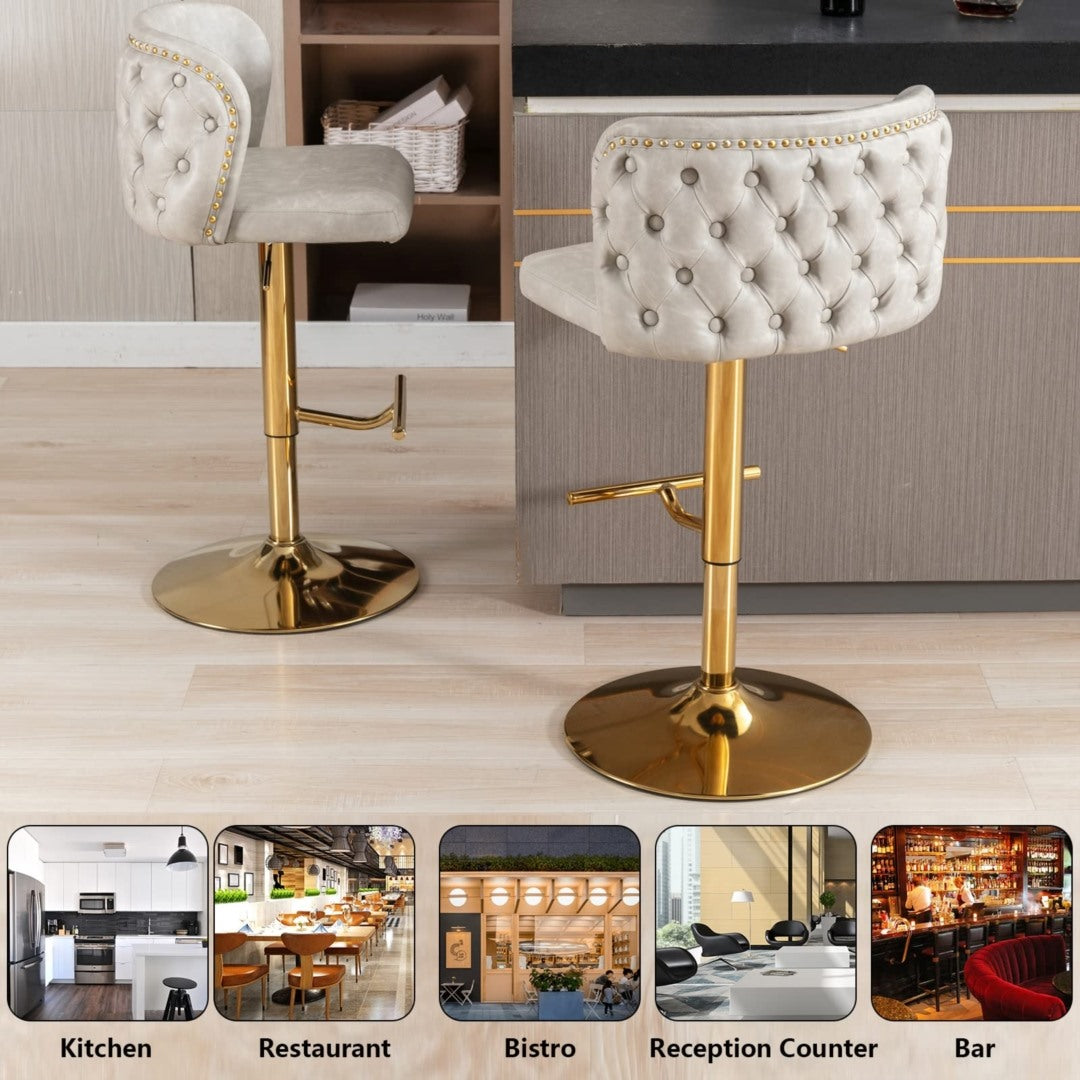 2x  Vintage Leather Golden Base Swivel Bar Stools- Beige