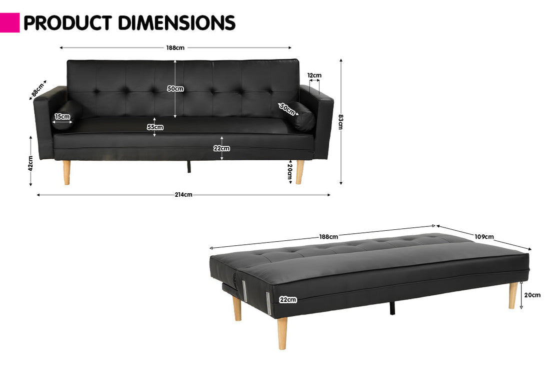 3 Seater Madison Faux Leather Sofa Bed Lounge Couch Futon Furniture Home Suite - Black