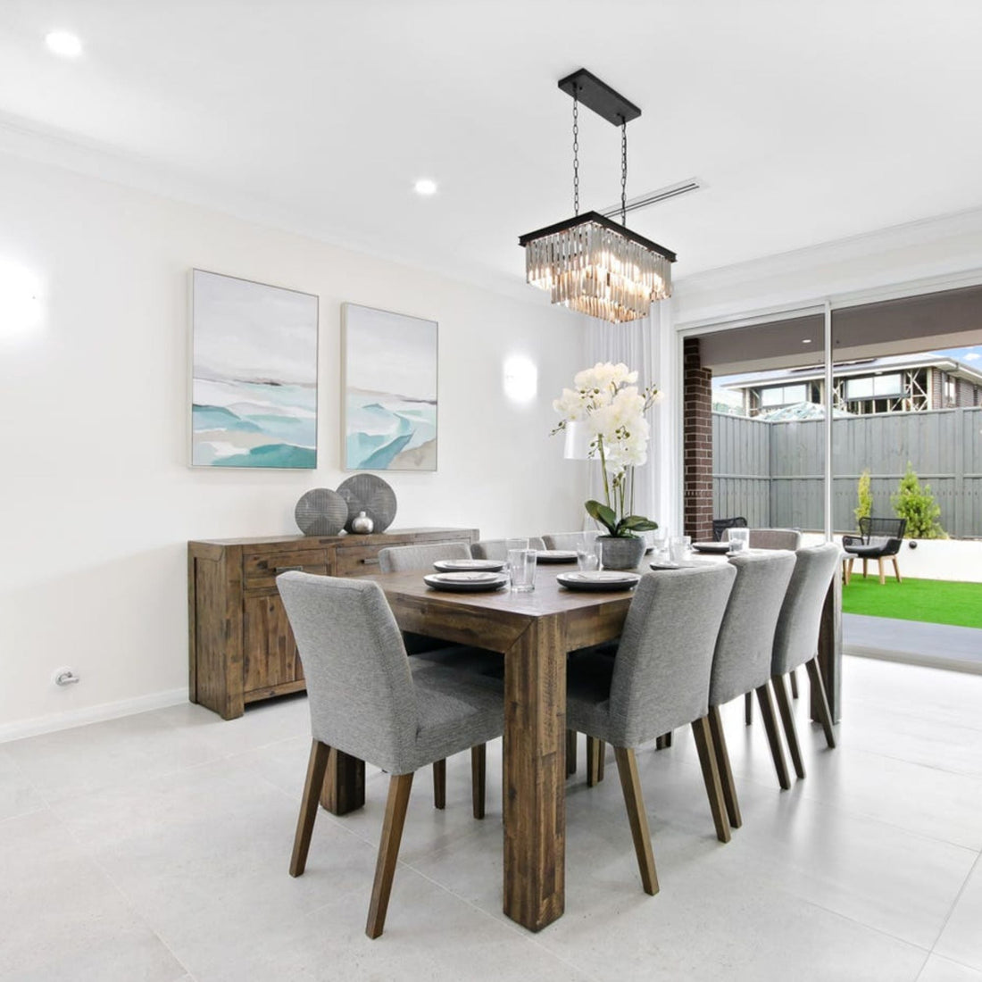 7pc Dining Set 180cm Table with 6 Solid Wood Fabric Chair