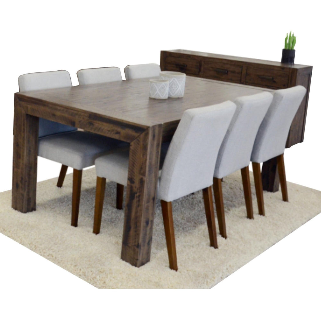 7pc Dining Set 180cm Table with 6 Solid Wood Fabric Chair