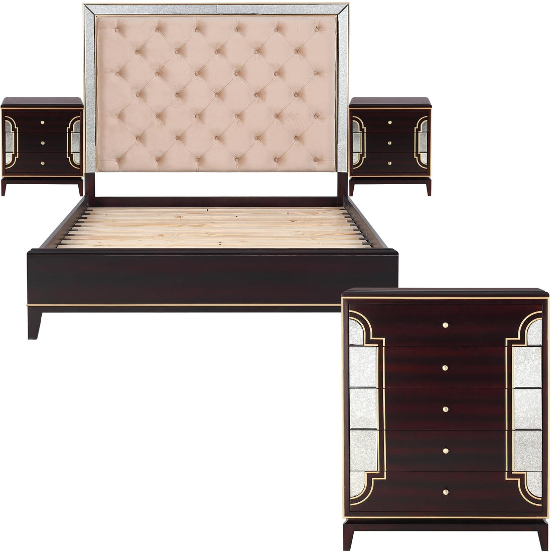 4pc Queen Bed Frame Bedroom Suite Timber Bedside Tallboy Package Set