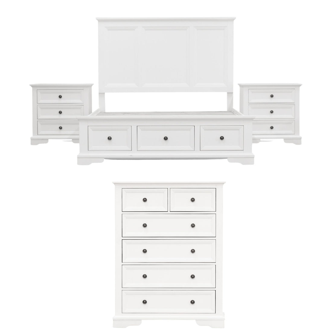 4pc Queen Bed Frame Bedroom Suite Timber Bedside Tallboy Package - White