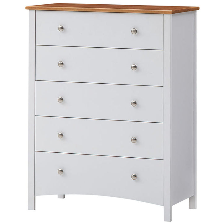 5 Drawer Chest Solid Rubber Wood Bed Storage Cabinet - White