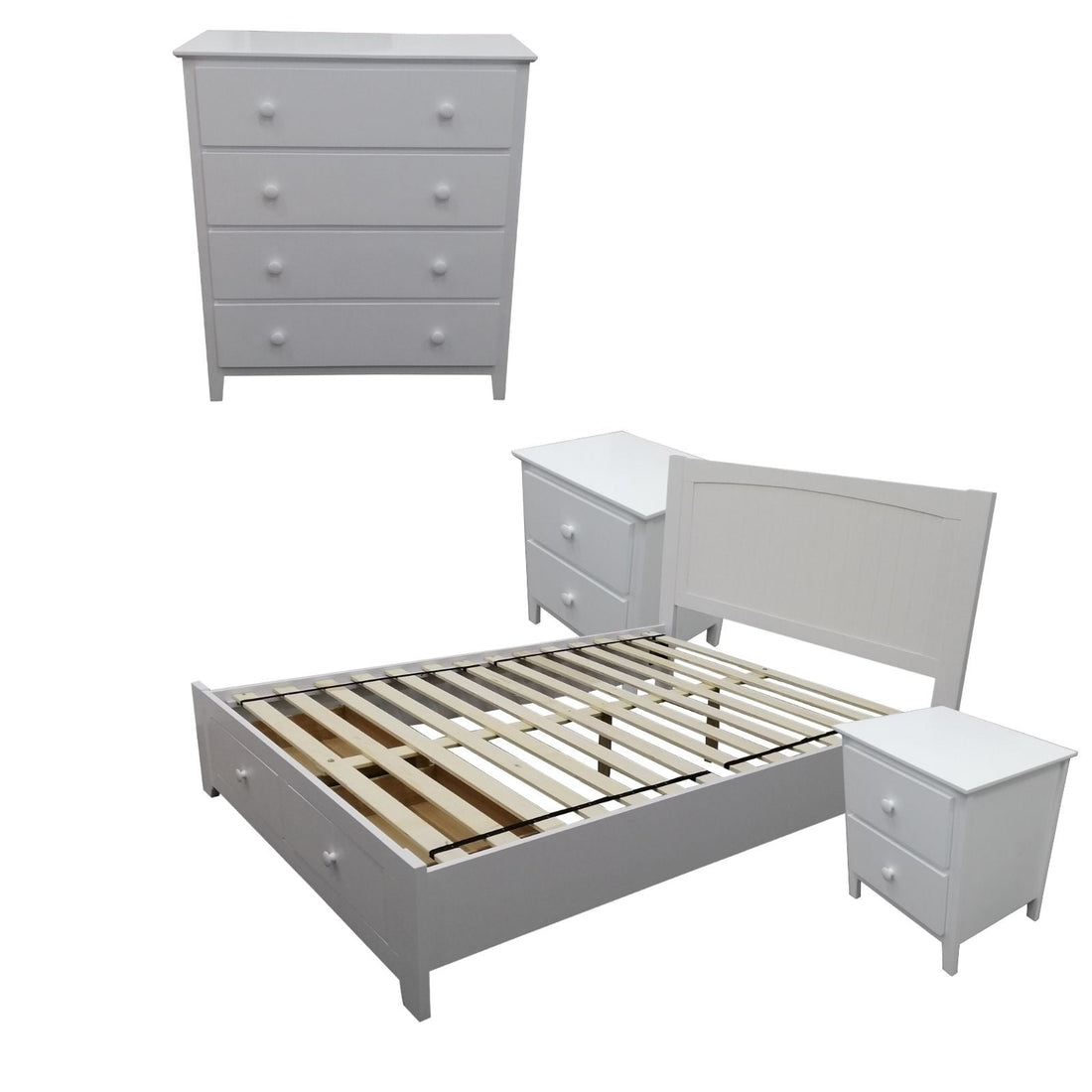 4pc Queen Bed Suite Bedside Tallboy Bedroom Set Furniture Package - WHT