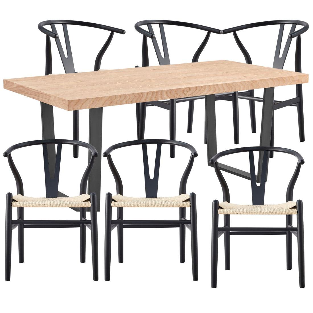 7pc 180cm Dining Table Set 6 Wishbone Chair Elm Timber Wood Metal Leg