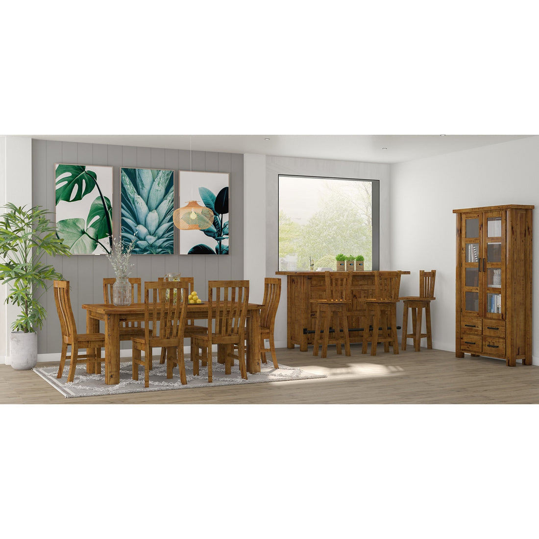 Set of 8 Solid Pine Timber Wood Seat - Rustic Oak
