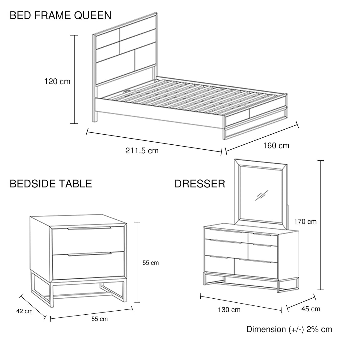 4 Pieces Queen Size Bedroom Suite made in Solid Wood Acacia