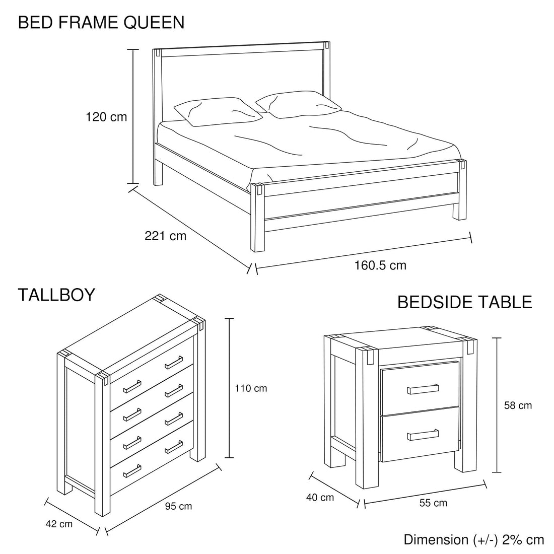 4 Pieces Queen Size Bedroom Suite in Solid Wood