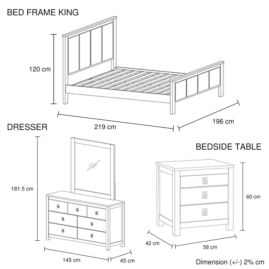 4 Pieces King Size Bedroom Suite with Solid Acacia Wood