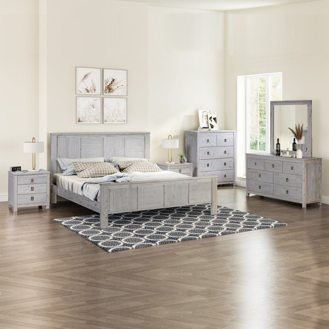 5 Pieces Queen Size Bedroom Suite with Solid Acacia Wood