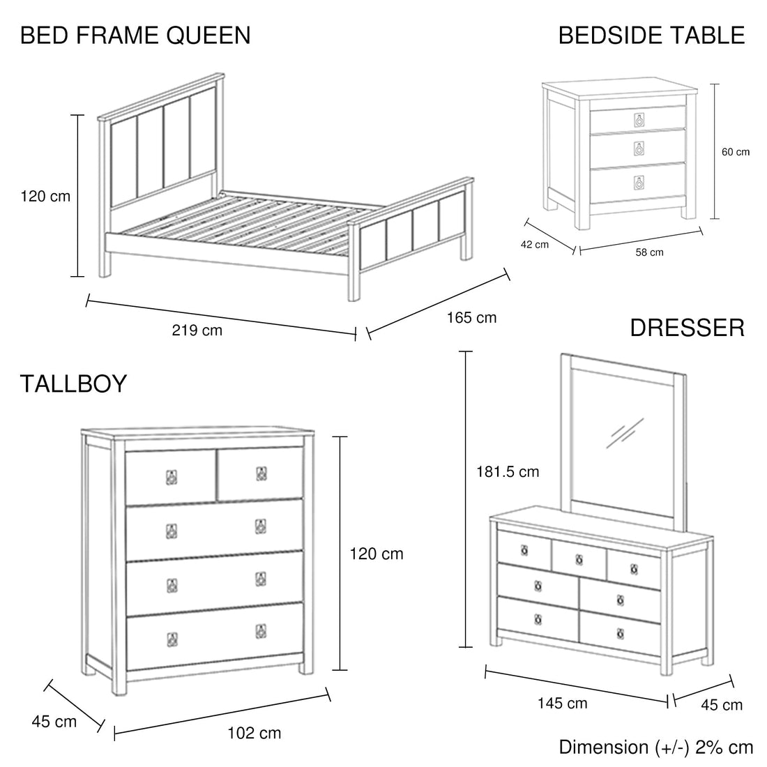 5 Pieces Queen Size Bedroom Suite with Solid Acacia Wood